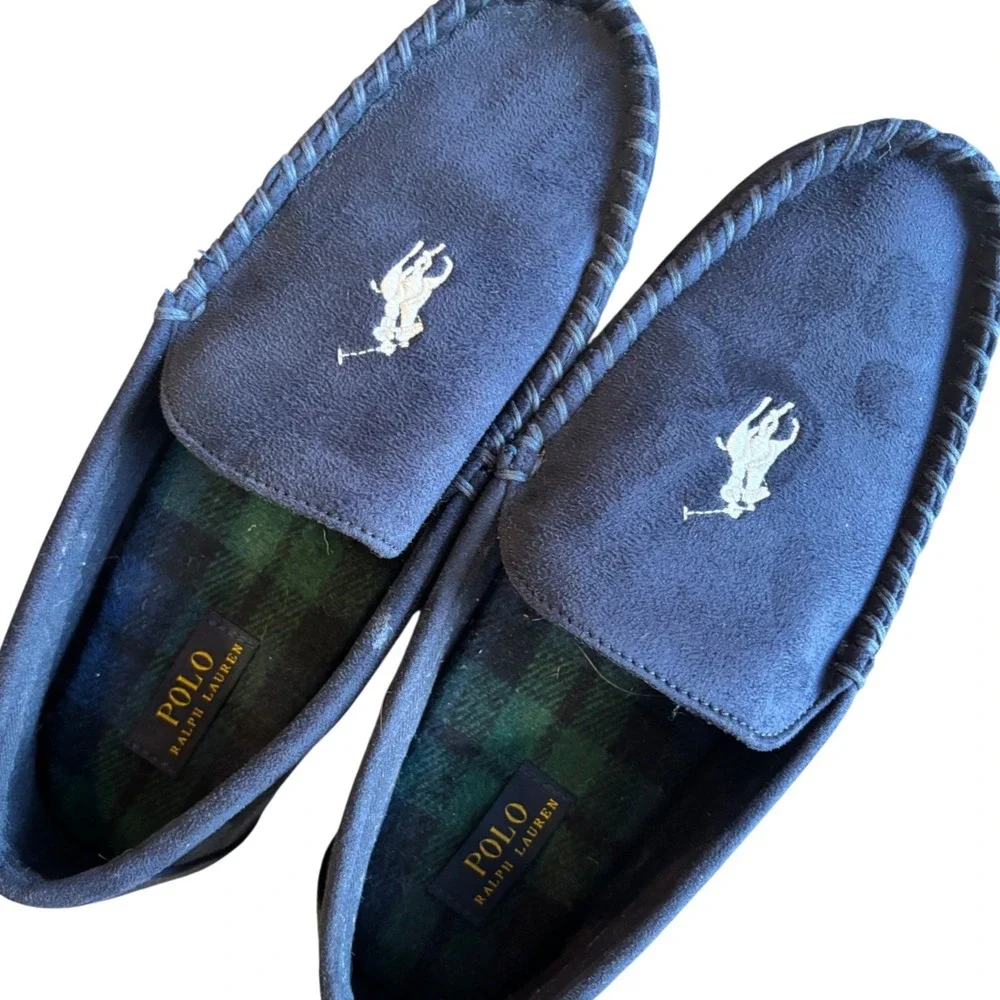Polo Ralph Lauren Declan Mens Navy Blue Suede Moccasin Slippers Plaid Lining 12 - Picture 8 of 9